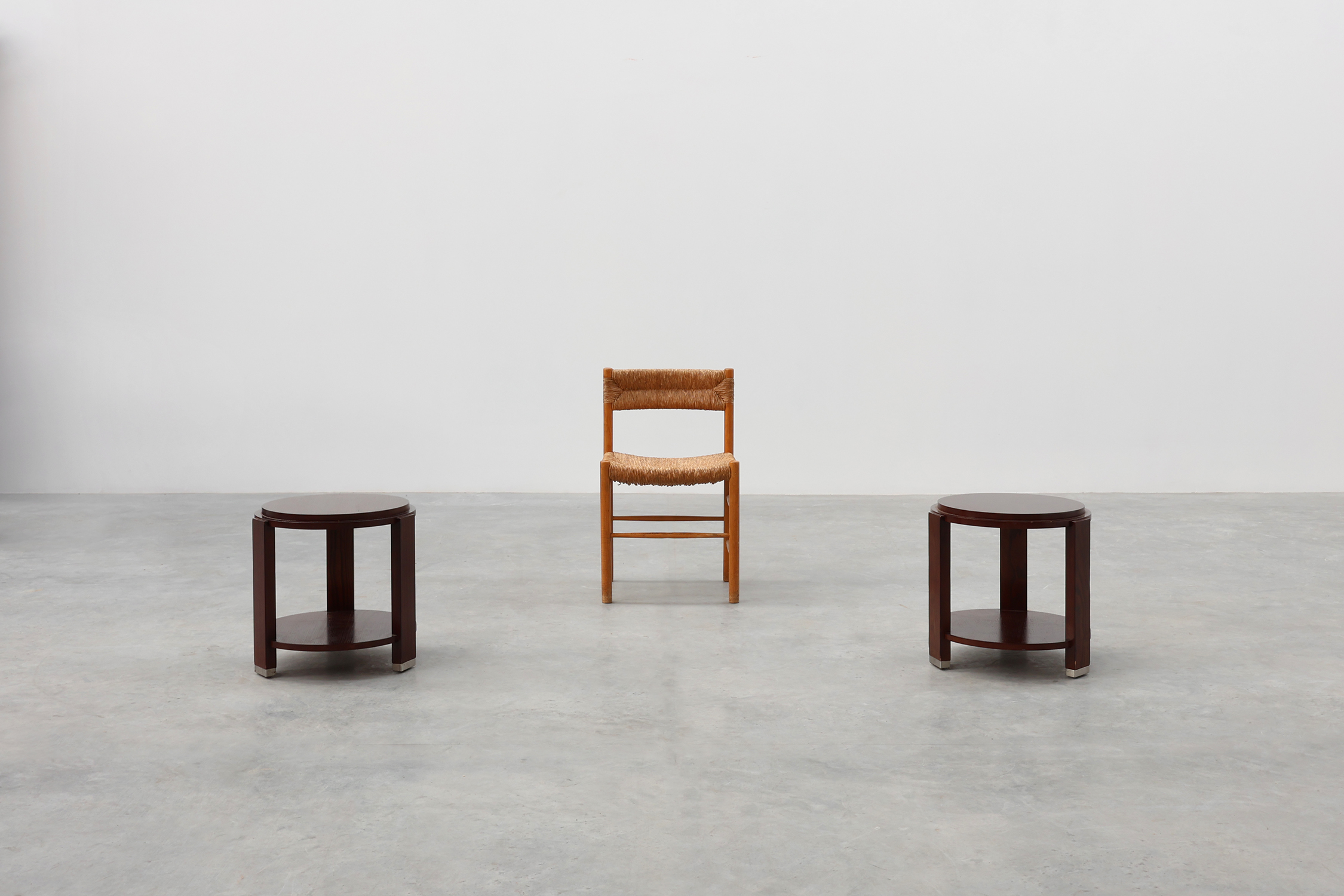 Pair of 2 round side tables in wood with metal, Belgium ca. 1980thumbnail